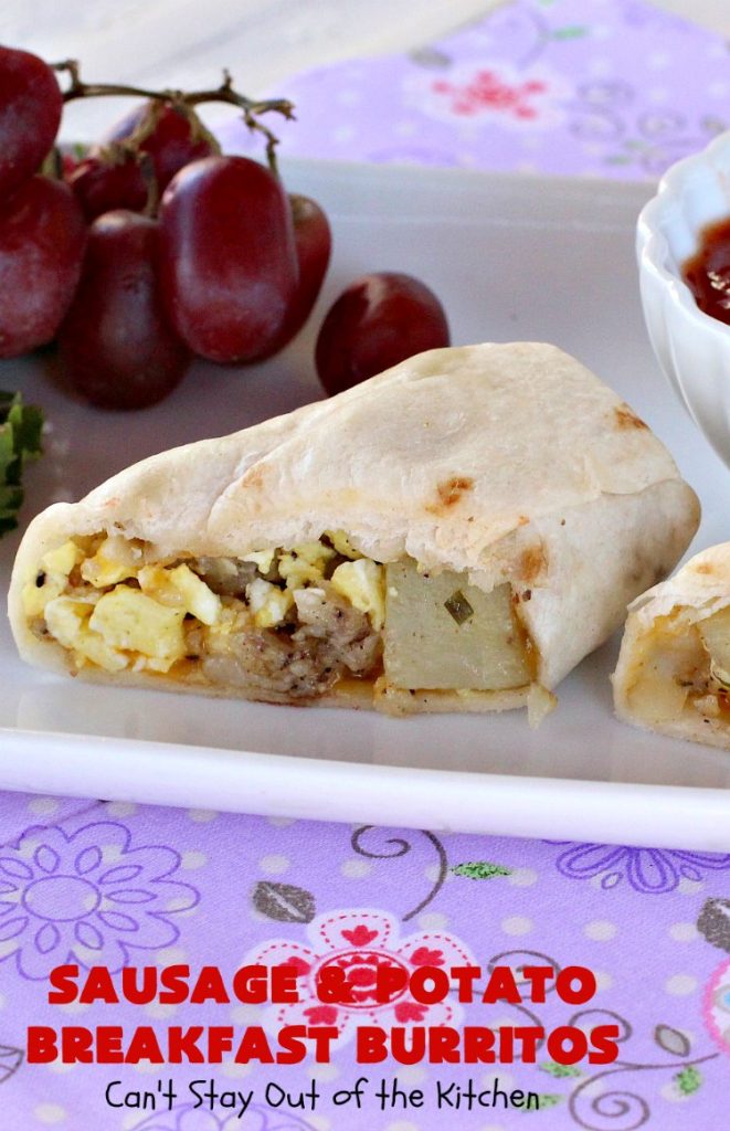Sausage and Potato Breakfast Burritos | Can't Stay Out of the Kitchen | These fabulous #BreakfastBurritos can be made in advance. Then just microwave them before you leave for work. They include #sausage, #CheddarCheese, #eggs & seasoned #potatoes. Serve with your favorite #salsa, #PicoDeGallo or even #Guacamole! We love this amazing #TexMex #breakfast. #tortillas #SausageAndPotatoBreakfastBurritos