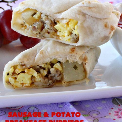 Sausage and Potato Breakfast Burritos | Can't Stay Out of the Kitchen | These fabulous #BreakfastBurritos can be made in advance. Then just microwave them before you leave for work. They include #sausage, #CheddarCheese, #eggs & seasoned #potatoes. Serve with your favorite #salsa, #PicoDeGallo or even #Guacamole! We love this amazing #TexMex #breakfast. #tortillas #SausageAndPotatoBreakfastBurritos