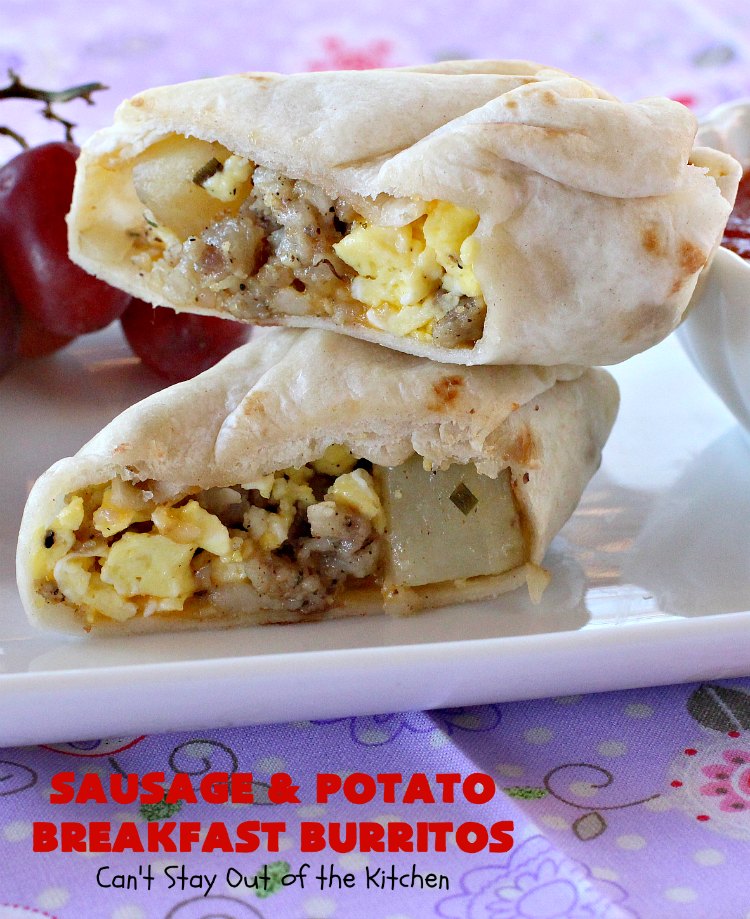 Sausage and Potato Breakfast Burritos | Can't Stay Out of the Kitchen | These fabulous #BreakfastBurritos can be made in advance. Then just microwave them before you leave for work. They include #sausage, #CheddarCheese, #eggs & seasoned #potatoes. Serve with your favorite #salsa, #PicoDeGallo or even #Guacamole! We love this amazing #TexMex #breakfast. #tortillas #SausageAndPotatoBreakfastBurritos