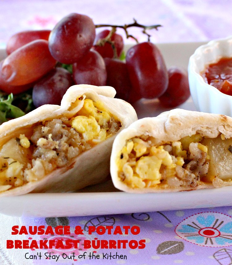Sausage and Potato Breakfast Burritos | Can't Stay Out of the Kitchen | These fabulous #BreakfastBurritos can be made in advance. Then just microwave them before you leave for work. They include #sausage, #CheddarCheese, #eggs & seasoned #potatoes. Serve with your favorite #salsa, #PicoDeGallo or even #Guacamole! We love this amazing #TexMex #breakfast. #tortillas #SausageAndPotatoBreakfastBurritos