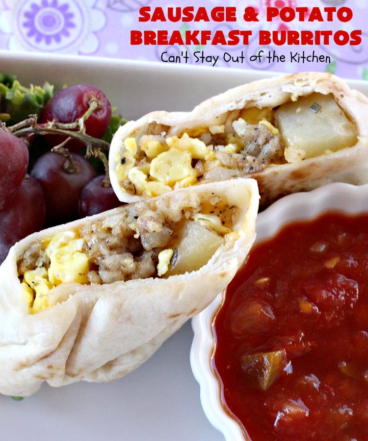 Sausage and Potato Breakfast Burritos | Can't Stay Out of the Kitchen | These fabulous #BreakfastBurritos can be made in advance. Then just microwave them before you leave for work. They include #sausage, #CheddarCheese, #eggs & seasoned #potatoes. Serve with your favorite #salsa, #PicoDeGallo or even #Guacamole! We love this amazing #TexMex #breakfast. #tortillas #SausageAndPotatoBreakfastBurritos