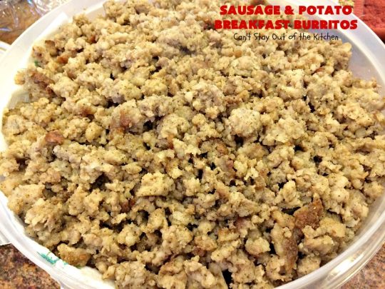 Sausage and Potato Breakfast Burritos | Can't Stay Out of the Kitchen | These fabulous #BreakfastBurritos can be made in advance. Then just microwave them before you leave for work. They include #sausage, #CheddarCheese, #eggs & seasoned #potatoes. Serve with your favorite #salsa, #PicoDeGallo or even #Guacamole! We love this amazing #TexMex #breakfast. #tortillas #SausageAndPotatoBreakfastBurritos
