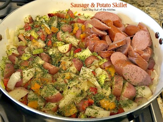 Sausage and Potato Skillet | Can't Stay Out of the Kitchen | this delicious one-dish supper is super quick and easy to make. I used nitrate-free #sausage #redpotatoes & #goudacheese. #pork