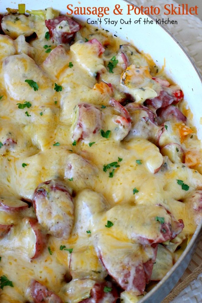 Sausage and Potato Skillet | Can't Stay Out of the Kitchen | this delicious one-dish supper is super quick and easy to make. I used nitrate-free #sausage #redpotatoes & #goudacheese. #pork