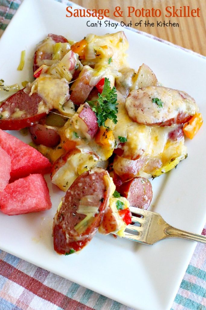 Sausage and Potato Skillet | Can't Stay Out of the Kitchen | this delicious one-dish supper is super quick and easy to make. I used nitrate-free #sausage #redpotatoes & #goudacheese. #pork