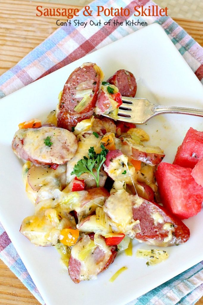 Sausage and Potato Skillet | Can't Stay Out of the Kitchen | this delicious one-dish supper is super quick and easy to make. I used nitrate-free #sausage #redpotatoes & #goudacheese. #pork