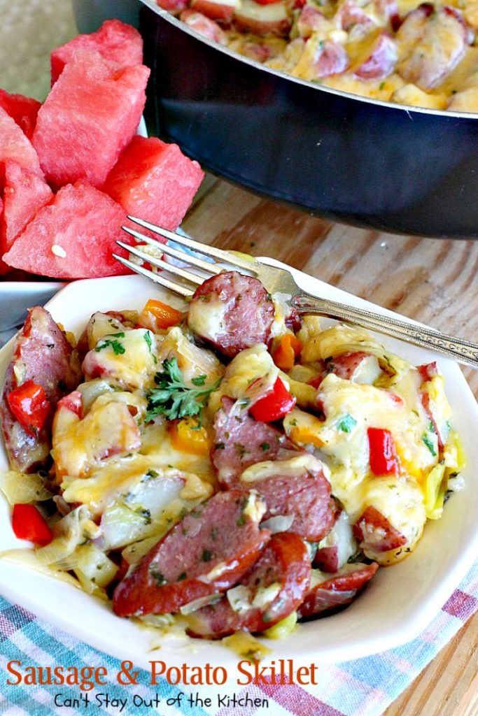 Sausage and Potato Skillet | Can't Stay Out of the Kitchen | this delicious one-dish supper is super quick and easy to make. I used nitrate-free #sausage #redpotatoes & #goudacheese. #pork