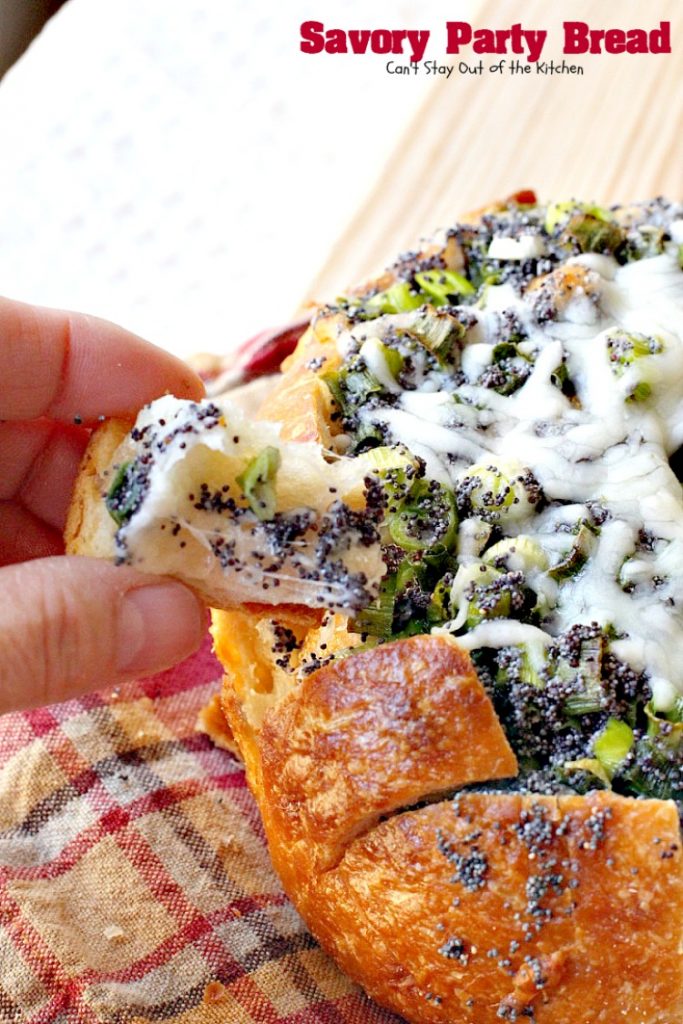 Savory Party Bread | Can't Stay Out of the Kitchen | this awesome #bread is a great #appetizer for any party. Quick, easy & so scrumptious you'll be drooling over every bite. #montereyjackcheese