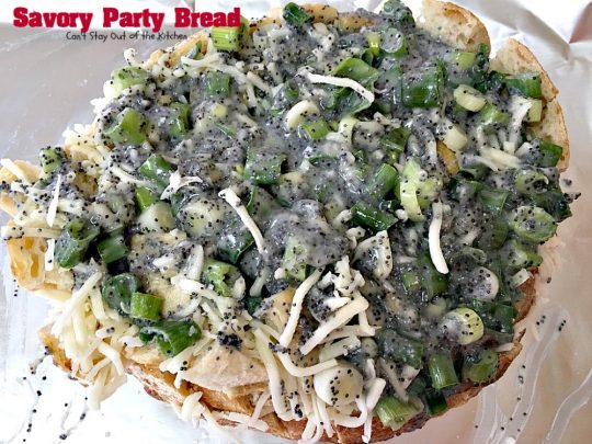 Savory Party Bread | Can't Stay Out of the Kitchen | this awesome #bread is a great #appetizer for any party. Quick, easy & so scrumptious you'll be drooling over every bite. #montereyjackcheese