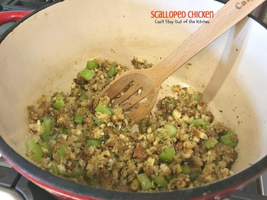 Scalloped Chicken | Can't Stay Out of the Kitchen | this family favorite #chicken entree is so quick and easy using only 6 ingredients. Great way to use up leftover rotisserie chicken, too. #StoveTopStuffingMix