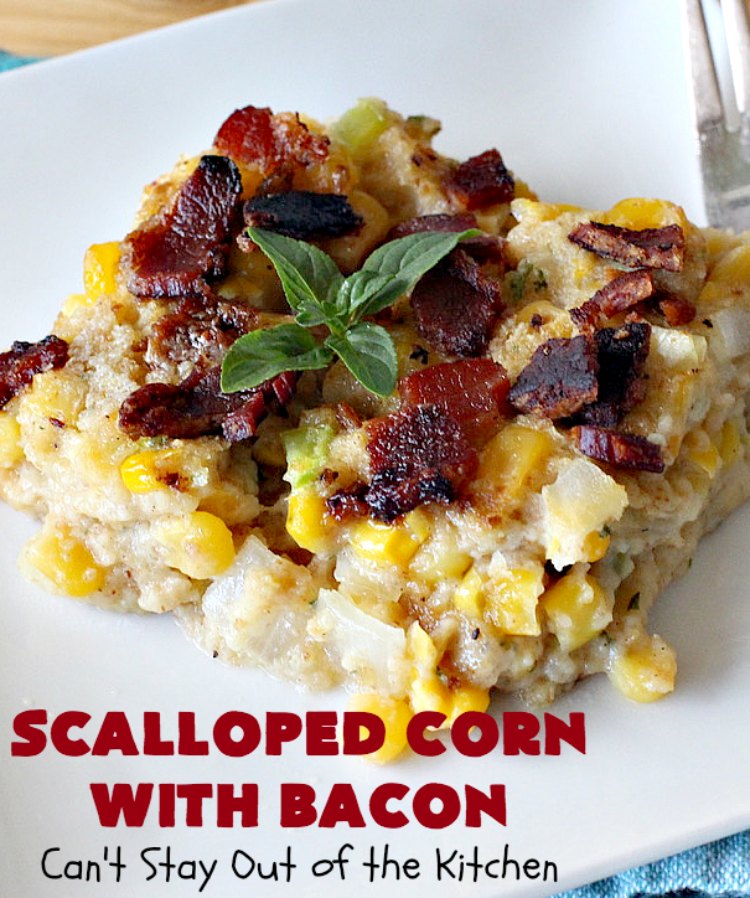 Scalloped Corn with Bacon | Can't Stay Out of the Kitchen | this fantastic #GooseberryPatch #recipe is absolutely mouthwatering & delicious. Yes, #bacon makes everything better! It's perfect for your #holiday dinners like #Thanksgiving or #Christmas since it's really easy to assemble & it always rates 5 stars when I make it. #corn #ScallopedCornWithBacon #HolidayCasserole #HolidaySideDish #ScallopedCorn