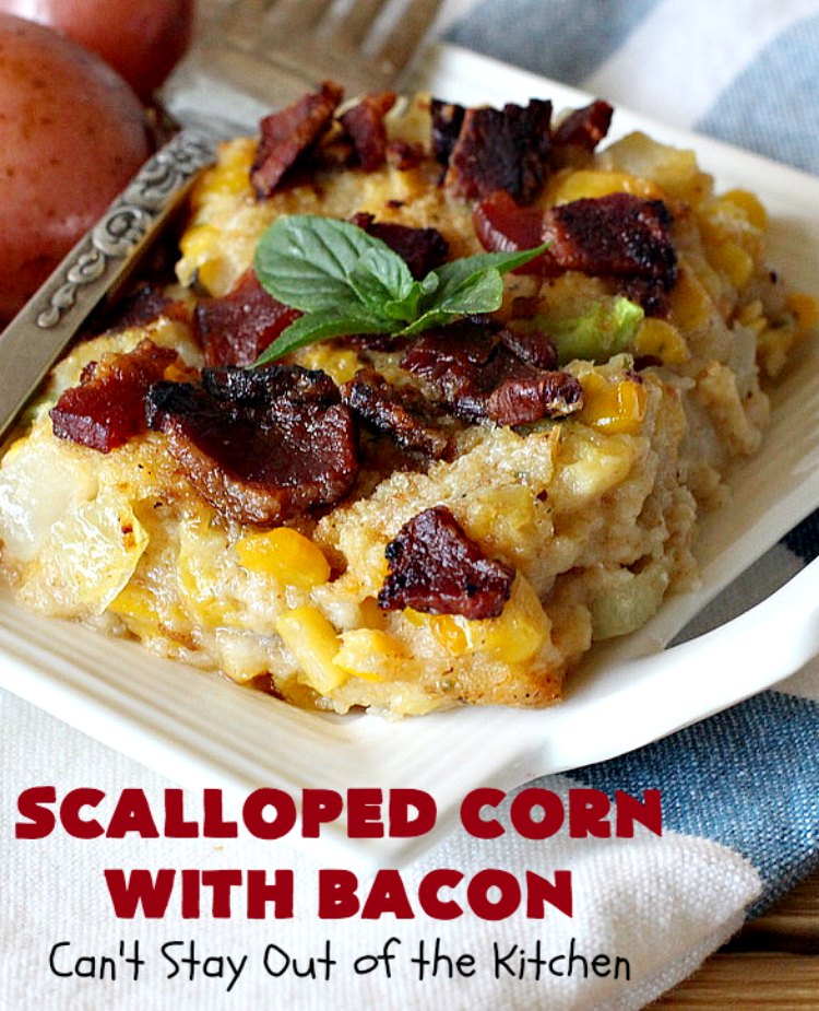 Scalloped Corn with Bacon | Can't Stay Out of the Kitchen | this fantastic #GooseberryPatch #recipe is absolutely mouthwatering & delicious. Yes, #bacon makes everything better! It's perfect for your #holiday dinners like #Thanksgiving or #Christmas since it's really easy to assemble & it always rates 5 stars when I make it. #corn #ScallopedCornWithBacon #HolidayCasserole #HolidaySideDish #ScallopedCorn