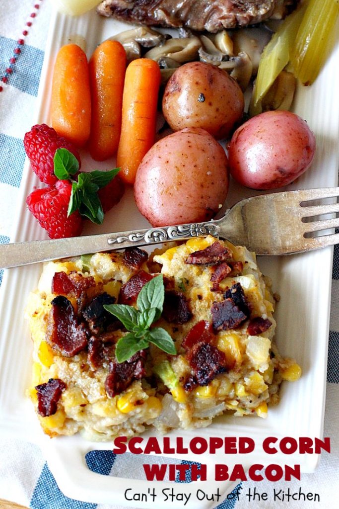 Scalloped Corn with Bacon | Can't Stay Out of the Kitchen | this fantastic #GooseberryPatch #recipe is absolutely mouthwatering & delicious. Yes, #bacon makes everything better! It's perfect for your #holiday dinners like #Thanksgiving or #Christmas since it's really easy to assemble & it always rates 5 stars when I make it. #corn #ScallopedCornWithBacon #HolidayCasserole #HolidaySideDish #ScallopedCorn