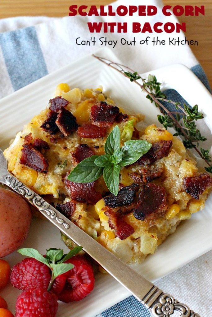 Scalloped Corn with Bacon | Can't Stay Out of the Kitchen | this fantastic #GooseberryPatch #recipe is absolutely mouthwatering & delicious. Yes, #bacon makes everything better! It's perfect for your #holiday dinners like #Thanksgiving or #Christmas since it's really easy to assemble & it always rates 5 stars when I make it. #corn #ScallopedCornWithBacon #HolidayCasserole #HolidaySideDish #ScallopedCorn