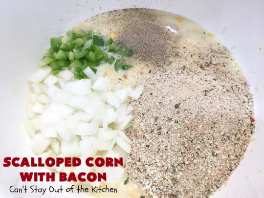 Scalloped Corn with Bacon | Can't Stay Out of the Kitchen | this fantastic #GooseberryPatch #recipe is absolutely mouthwatering & delicious. Yes, #bacon makes everything better! It's perfect for your #holiday dinners like #Thanksgiving or #Christmas since it's really easy to assemble & it always rates 5 stars when I make it. #corn #ScallopedCornWithBacon #HolidayCasserole #HolidaySideDish #ScallopedCorn