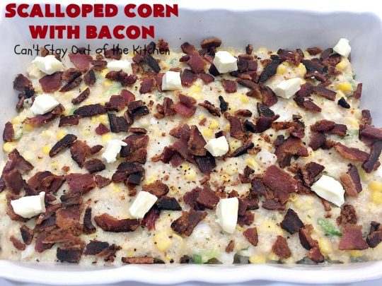 Scalloped Corn with Bacon | Can't Stay Out of the Kitchen | this fantastic #GooseberryPatch #recipe is absolutely mouthwatering & delicious. Yes, #bacon makes everything better! It's perfect for your #holiday dinners like #Thanksgiving or #Christmas since it's really easy to assemble & it always rates 5 stars when I make it. #corn #ScallopedCornWithBacon #HolidayCasserole #HolidaySideDish #ScallopedCorn