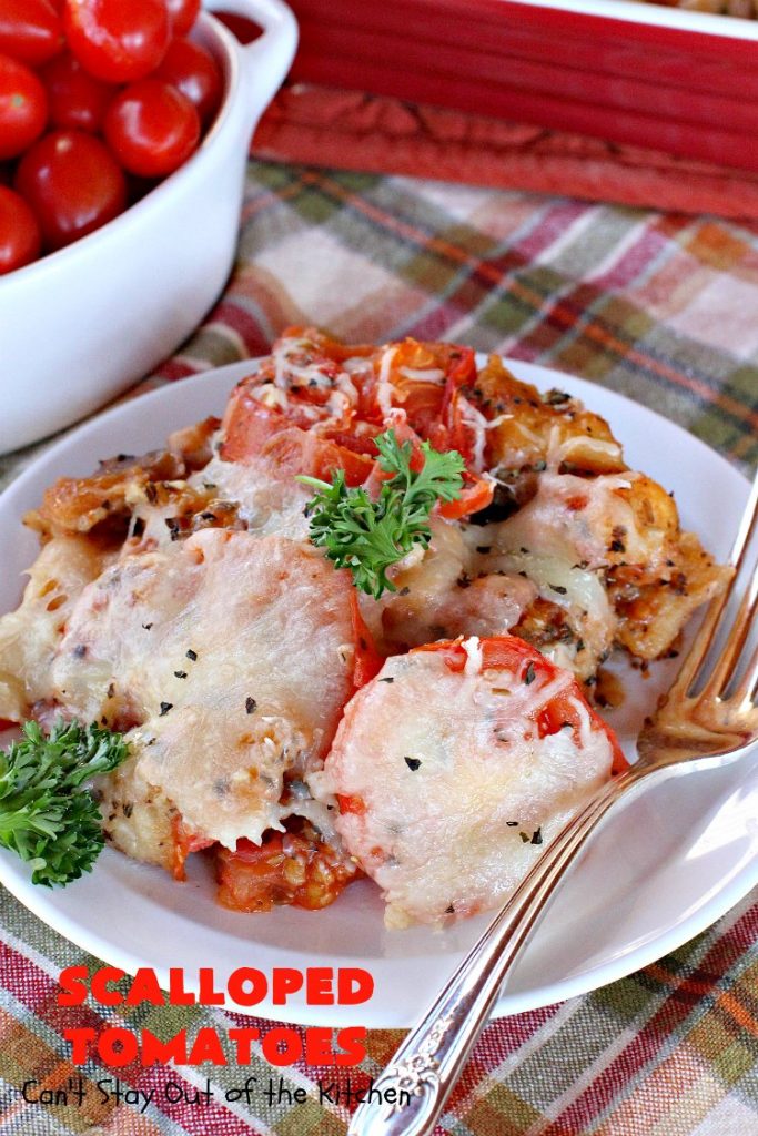 Scalloped Tomatoes | Can't Stay Out of the Kitchen | Amazing #sidedish made with #tomatoes, #basil, #baguettes & #mozzarellacheese. It's terrific for #holidays like #Thanksgiving & #Christmas. #casserole
