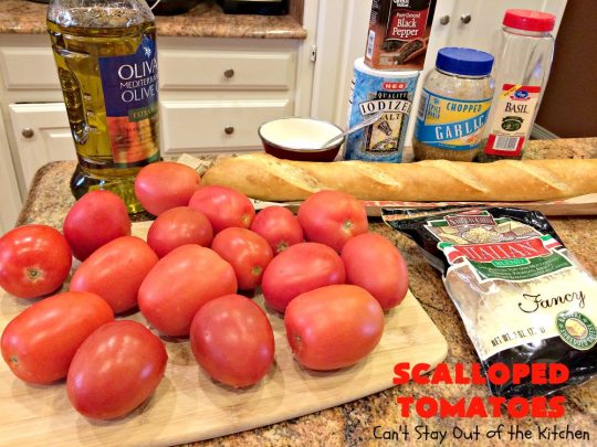 Scalloped Tomatoes | Can't Stay Out of the Kitchen | Amazing #sidedish made with #tomatoes, #basil, #baguettes & #mozzarellacheese. It's terrific for #holidays like #Thanksgiving & #Christmas. #casserole