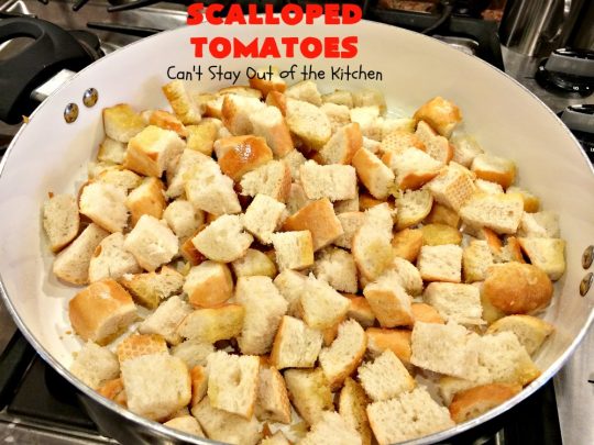Scalloped Tomatoes | Can't Stay Out of the Kitchen | Amazing #sidedish made with #tomatoes, #basil, #baguettes & #mozzarellacheese. It's terrific for #holidays like #Thanksgiving & #Christmas. #casserole