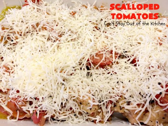 Scalloped Tomatoes | Can't Stay Out of the Kitchen | Amazing #sidedish made with #tomatoes, #basil, #baguettes & #mozzarellacheese. It's terrific for #holidays like #Thanksgiving & #Christmas. #casserole