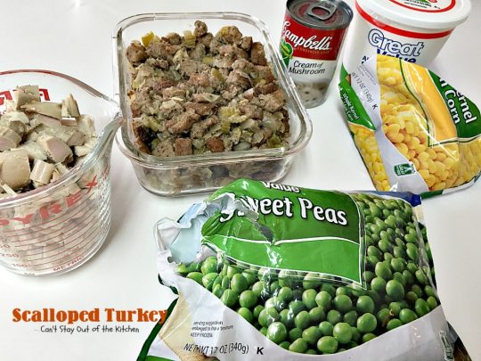 Scalloped Turkey | Can't Stay Out of the Kitchen | this quick & easy entree is a great way to use up leftover #turkey (or chicken) & #stuffing. Creamy and delicious. Ready in less than 30 minutes!