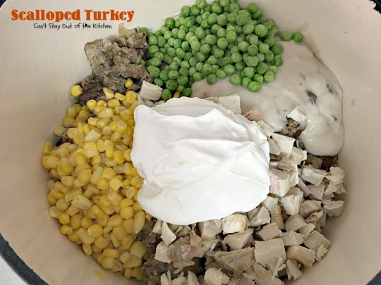 Scalloped Turkey | Can't Stay Out of the Kitchen | this quick & easy entree is a great way to use up leftover #turkey (or chicken) & #stuffing. Creamy and delicious. Ready in less than 30 minutes!
