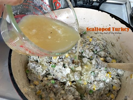 Scalloped Turkey | Can't Stay Out of the Kitchen | this quick & easy entree is a great way to use up leftover #turkey (or chicken) & #stuffing. Creamy and delicious. Ready in less than 30 minutes!