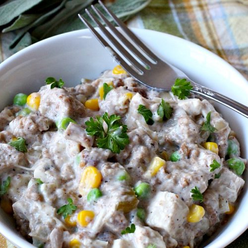 Scalloped Turkey | Can't Stay Out of the Kitchen | this quick & easy entree is a great way to use up leftover #turkey (or chicken) & #stuffing. Creamy and delicious. Ready in less than 30 minutes!