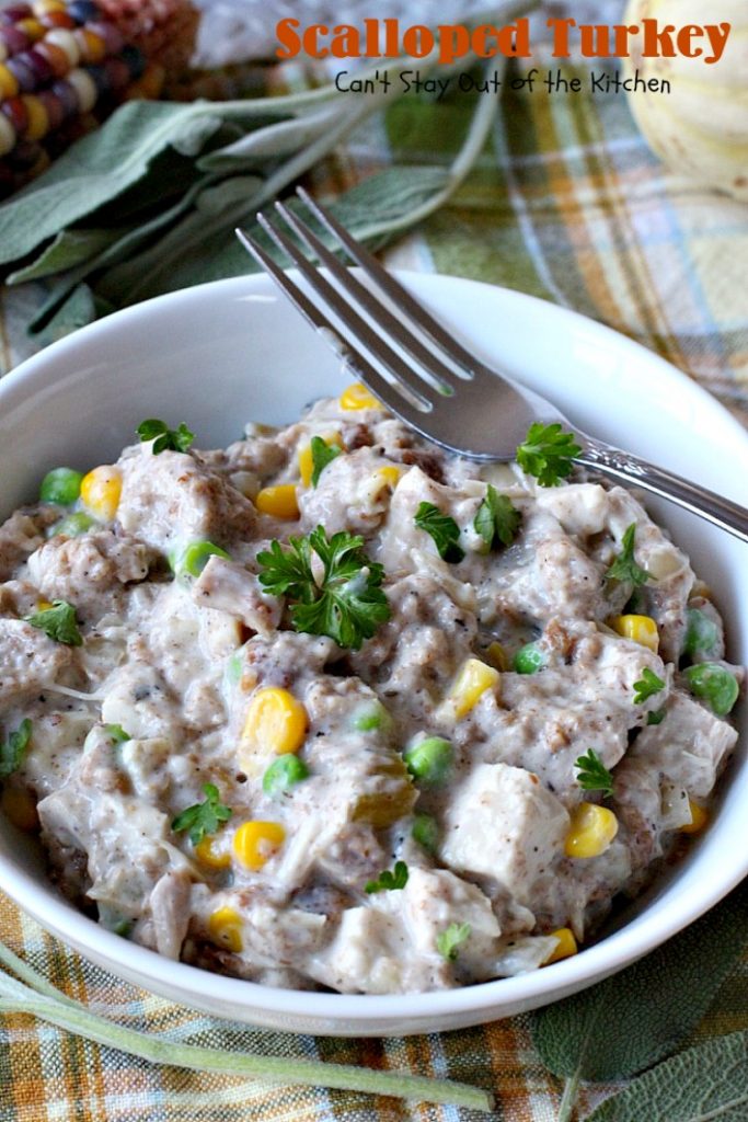 Scalloped Turkey | Can't Stay Out of the Kitchen | this quick & easy entree is a great way to use up leftover #turkey (or chicken) & #stuffing. Creamy and delicious. Ready in less than 30 minutes!