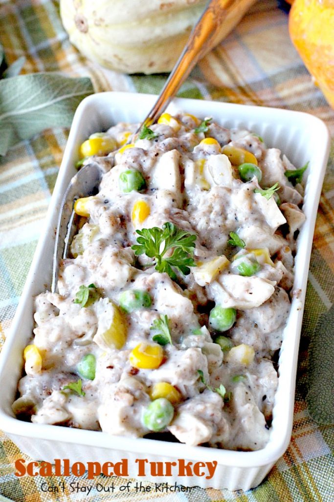 Scalloped Turkey | Can't Stay Out of the Kitchen | this quick & easy entree is a great way to use up leftover #turkey (or chicken) & #stuffing. Creamy and delicious. Ready in less than 30 minutes!