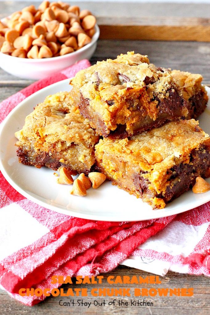 Sea Salt Caramel Chocolate Chunk Brownies | Can't Stay Out of the Kitchen | these fantastic #brownies are so rich & decadent. They're filled with #seasaltcaramel chips & #chocolate chunks. They're perfect for #tailgating parties, potlucks or summer #holiday fun. #dessert #caramel