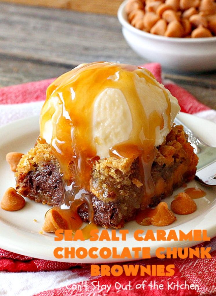 Sea Salt Caramel Chocolate Chunk Brownies | Can't Stay Out of the Kitchen | these fantastic #brownies are so rich & decadent. They're filled with #seasaltcaramel chips & #chocolate chunks. They're perfect for #tailgating parties, potlucks or summer #holiday fun. #dessert #caramel