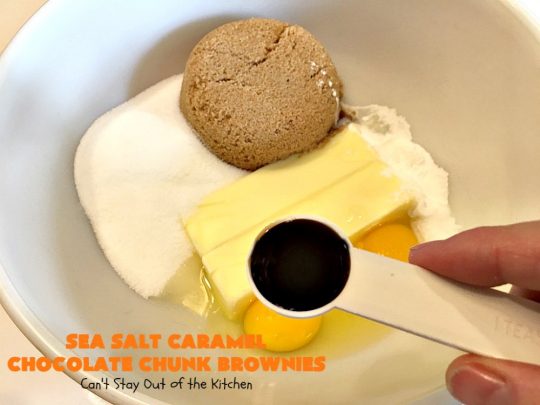Sea Salt Caramel Chocolate Chunk Brownies | Can't Stay Out of the Kitchen | these fantastic #brownies are so rich & decadent. They're filled with #seasaltcaramel chips & #chocolate chunks. They're perfect for #tailgating parties, potlucks or summer #holiday fun. #dessert #caramel 