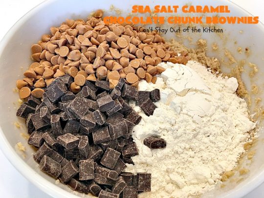 Sea Salt Caramel Chocolate Chunk Brownies | Can't Stay Out of the Kitchen | these fantastic #brownies are so rich & decadent. They're filled with #seasaltcaramel chips & #chocolate chunks. They're perfect for #tailgating parties, potlucks or summer #holiday fun. #dessert #caramel 