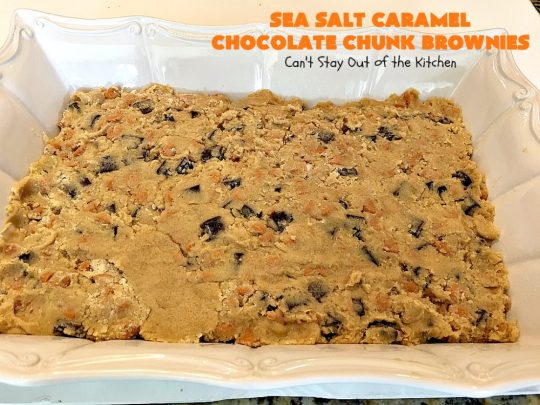Sea Salt Caramel Chocolate Chunk Brownies | Can't Stay Out of the Kitchen | these fantastic #brownies are so rich & decadent. They're filled with #seasaltcaramel chips & #chocolate chunks. They're perfect for #tailgating parties, potlucks or summer #holiday fun. #dessert #caramel