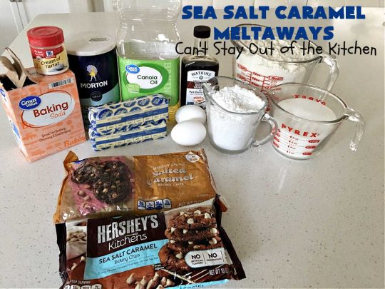 Sea Salt Caramel Meltaways | Can't Stay Out of the Kitchen | these melt-in-your-mouth #cookies are rich, decadent & divine! Every mouthful is irresistible & will make you swoon! If you enjoy #SeaSaltCaramelChips this #dessert is for you. Perfect for #tailgating or office parties, potlucks, backyard BBQs & any family get-together. #meltaways #SeaSaltCaramelMeltaways #caramel #CaramelDessert