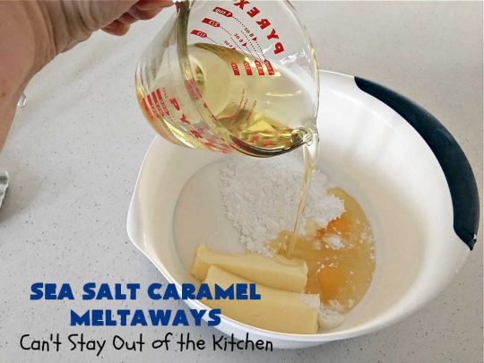 Sea Salt Caramel Meltaways | Can't Stay Out of the Kitchen | these melt-in-your-mouth #cookies are rich, decadent & divine! Every mouthful is irresistible & will make you swoon! If you enjoy #SeaSaltCaramelChips this #dessert is for you. Perfect for #tailgating or office parties, potlucks, backyard BBQs & any family get-together. #meltaways #SeaSaltCaramelMeltaways #caramel #CaramelDessert