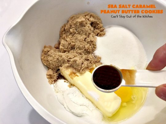 Sea Salt Caramel Peanut Butter Cookies | Can't Stay Out of the Kitchen | these amazing #cookies have #Reeses #peanutbutter chips & sea salt #caramel chips. Fabulous #dessert for #tailgating parties.