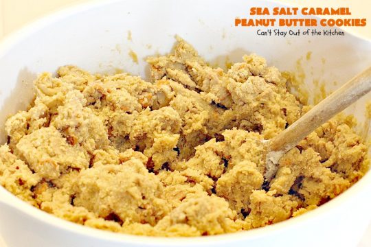 Sea Salt Caramel Peanut Butter Cookies | Can't Stay Out of the Kitchen | these amazing #cookies have #Reeses #peanutbutter chips & sea salt #caramel chips. Fabulous #dessert for #tailgating parties.