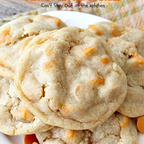 Sea Salt Caramel Peanut Butter Cookies | Can't Stay Out of the Kitchen | these amazing #cookies have #Reeses #peanutbutter chips & sea salt #caramel chips. Fabulous #dessert for #tailgating parties.