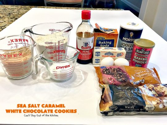 Sea Salt Caramel White Chocolate Cookies | Can't Stay Out of the Kitchen | these fantastic #cookies contain sea salt #caramel chips and #whitechocolate chips. Perfect for #tailgating parties. #dessert #chocolate