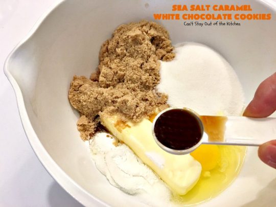 Sea Salt Caramel White Chocolate Cookies | Can't Stay Out of the Kitchen | these fantastic #cookies contain sea salt #caramel chips and #whitechocolate chips. Perfect for #tailgating parties. #dessert #chocolate