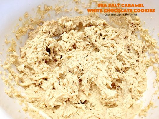 Sea Salt Caramel White Chocolate Cookies | Can't Stay Out of the Kitchen | these fantastic #cookies contain sea salt #caramel chips and #whitechocolate chips. Perfect for #tailgating parties. #dessert #chocolate