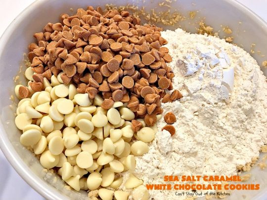 Sea Salt Caramel White Chocolate Cookies | Can't Stay Out of the Kitchen | these fantastic #cookies contain sea salt #caramel chips and #whitechocolate chips. Perfect for #tailgating parties. #dessert #chocolate