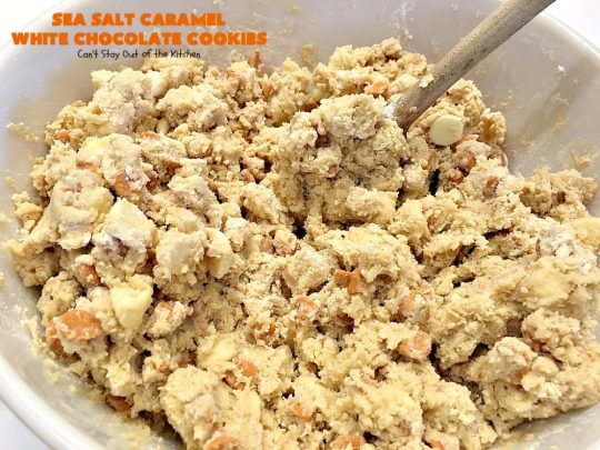 Sea Salt Caramel White Chocolate Cookies | Can't Stay Out of the Kitchen | these fantastic #cookies contain sea salt #caramel chips and #whitechocolate chips. Perfect for #tailgating parties. #dessert #chocolate