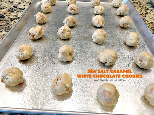 Sea Salt Caramel White Chocolate Cookies | Can't Stay Out of the Kitchen | these fantastic #cookies contain sea salt #caramel chips and #whitechocolate chips. Perfect for #tailgating parties. #dessert #chocolate