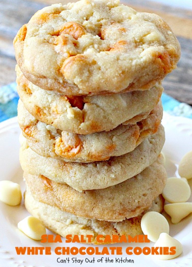 Sea Salt Caramel White Chocolate Cookies | Can't Stay Out of the Kitchen | these fantastic #cookies contain sea salt #caramel chips and #whitechocolate chips. Perfect for #tailgating parties. #dessert #chocolate