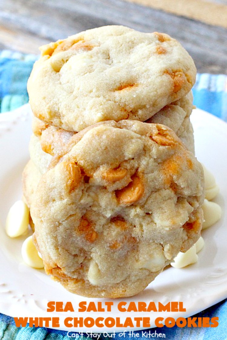 Sea Salt Caramel White Chocolate Cookies | Can't Stay Out of the Kitchen | these fantastic #cookies contain sea salt #caramel chips and #whitechocolate chips. Perfect for #tailgating parties. #dessert #chocolate