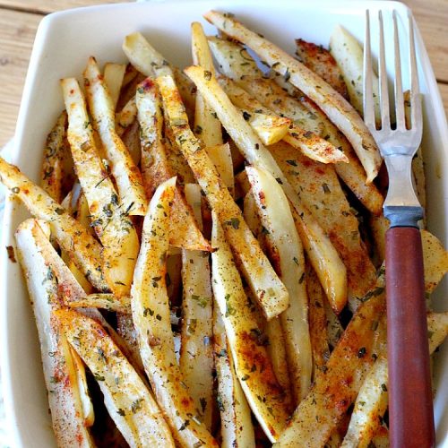 Seasoned Oven Fries | Can't Stay Out of the Kitchen | My version of #FrenchFries can't be beat! These are delicately seasoned as well as #healthy, #LowCalorie, #Vegan & #GlutenFree. They make a terrific #SideDish without overwhelming the palate like some dishes do. So delicious and go with just about any meat entree. #potatoes #holiday #HolidaySideDish #SeasonedOvenFries