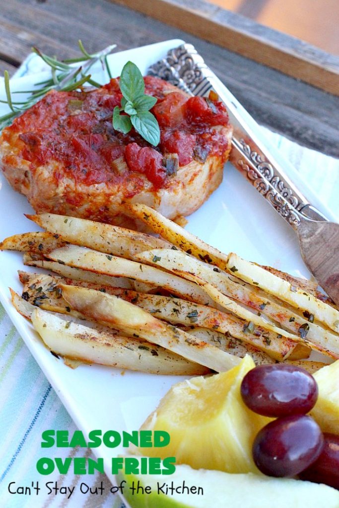 Seasoned Oven Fries | Can't Stay Out of the Kitchen | My version of #FrenchFries can't be beat! These are delicately seasoned as well as #healthy, #LowCalorie, #Vegan & #GlutenFree. They make a terrific #SideDish without overwhelming the palate like some dishes do. So delicious and go with just about any meat entree. #potatoes #holiday #HolidaySideDish #SeasonedOvenFries